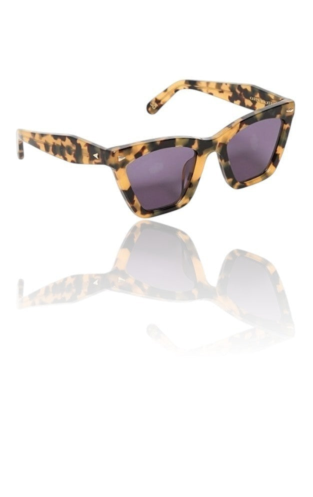 Naked Pear Karen Walker Spellbound cat-eye sunglasses in crazy tortoise shell acetate with smoke lenses and gold arrows.