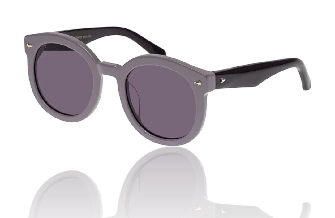 Naked Pear Karen Walker Super Duper Strength sunglasses in lilac plum acetate with round frames and smoke lenses.