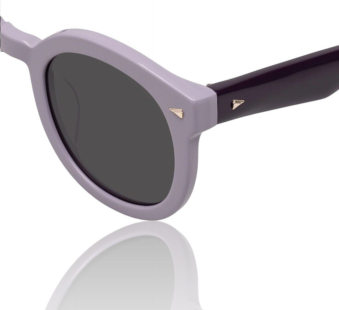 Naked Pear Karen Walker Super Duper Strength sunglasses in lilac and plum bio-acetate with iconic arrowhead pins.