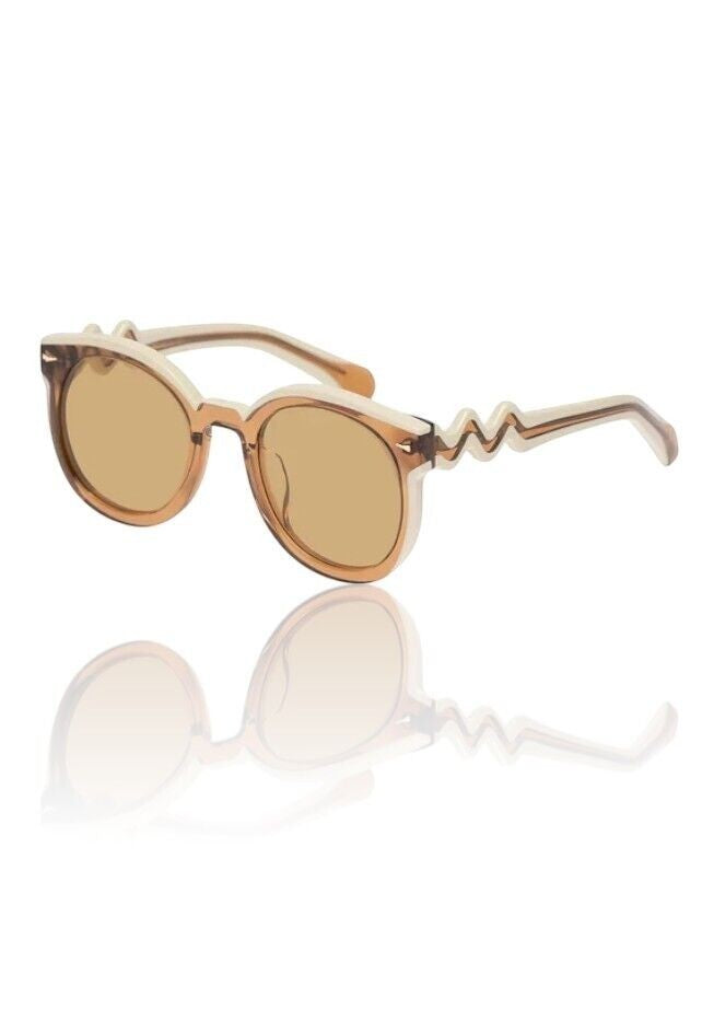 Naked Pear Karen Walker Super Wavy Duper round sunglasses in ochre tan and cream with wavy arms and tan mono lenses.