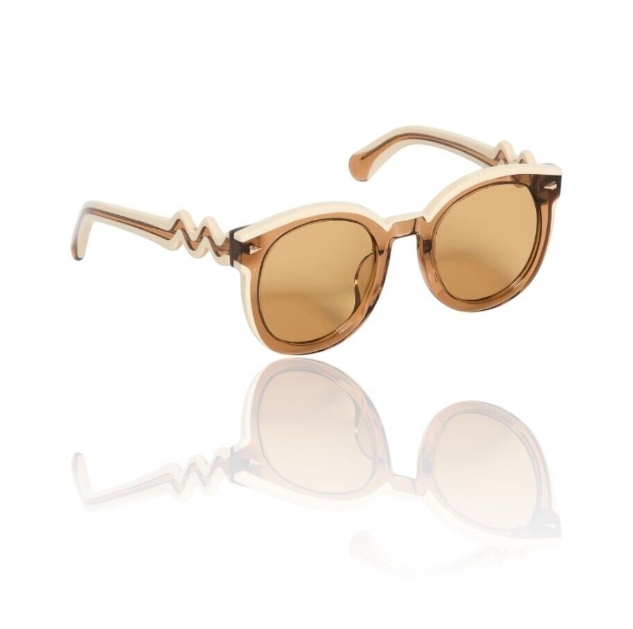 Naked Pear Karen Walker Super Wavy Duper sunglasses in ochre and cream with round frames and unique wavy arms.