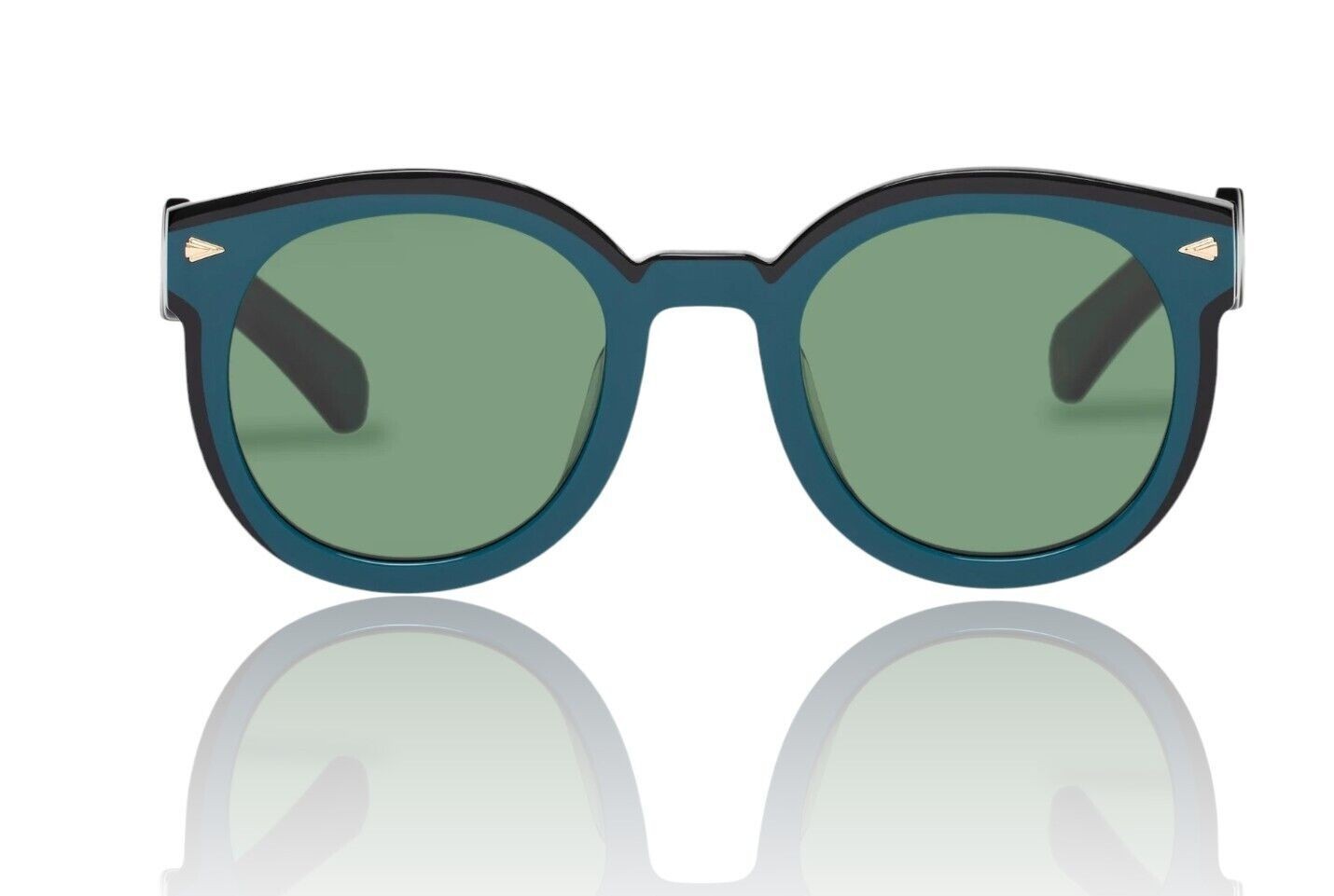 Naked Pear Karen Walker Super Wavy Duper round sunglasses in teal and black bio-acetate with khaki green lenses.