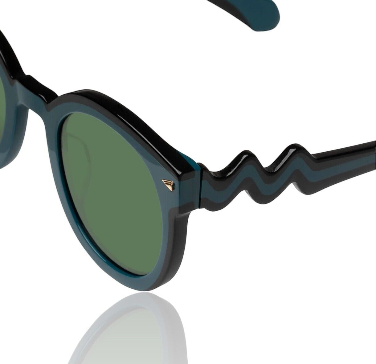 Naked Pear Karen Walker Super Wavy Duper round bio-acetate sunglasses in teal and black with khaki green lenses.