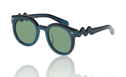 Naked Pear Karen Walker Super Wavy Duper round sunglasses in teal and black bio-acetate with khaki green lenses.