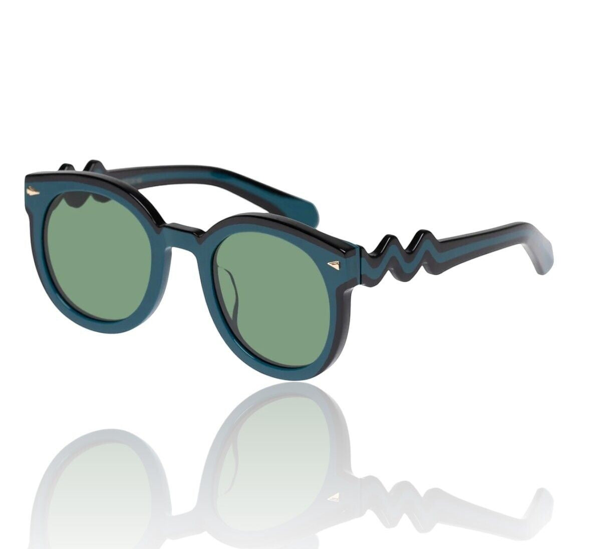 Naked Pear Karen Walker Super Wavy Duper round sunglasses in teal and black bio-acetate with wavy arms and khaki lenses.