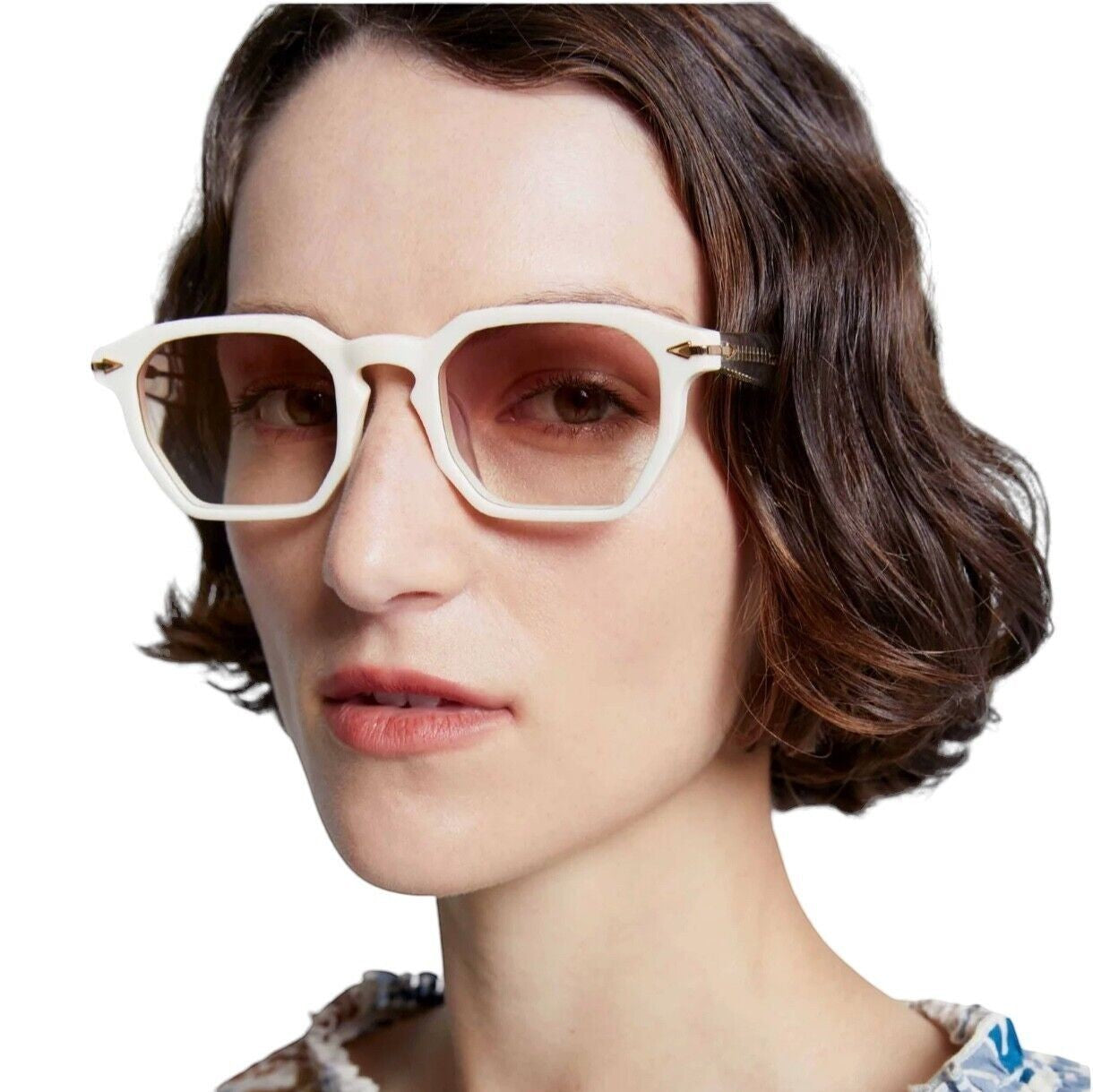 Naked Pear Karen Walker Trillion geometric sunglasses in ivory acetate with brown gradient lenses and gold arrow detail