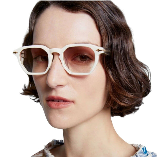 Naked Pear Karen Walker Trillion geometric sunglasses in ivory acetate with brown gradient lenses and gold arrow detail