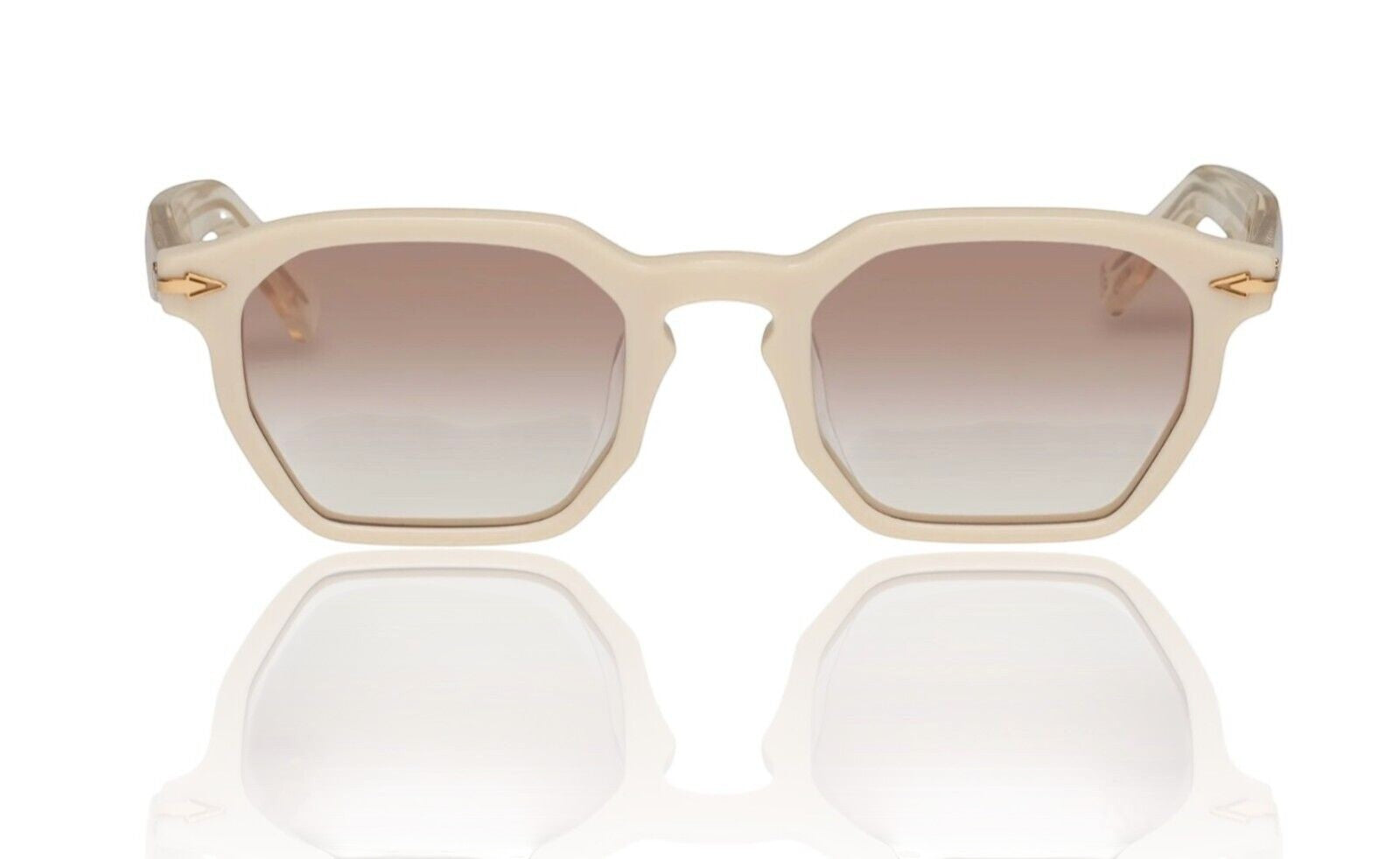 Naked Pear Karen Walker Trillion geometric sunglasses in ivory sand acetate with brown gradient lenses and gold arrows.
