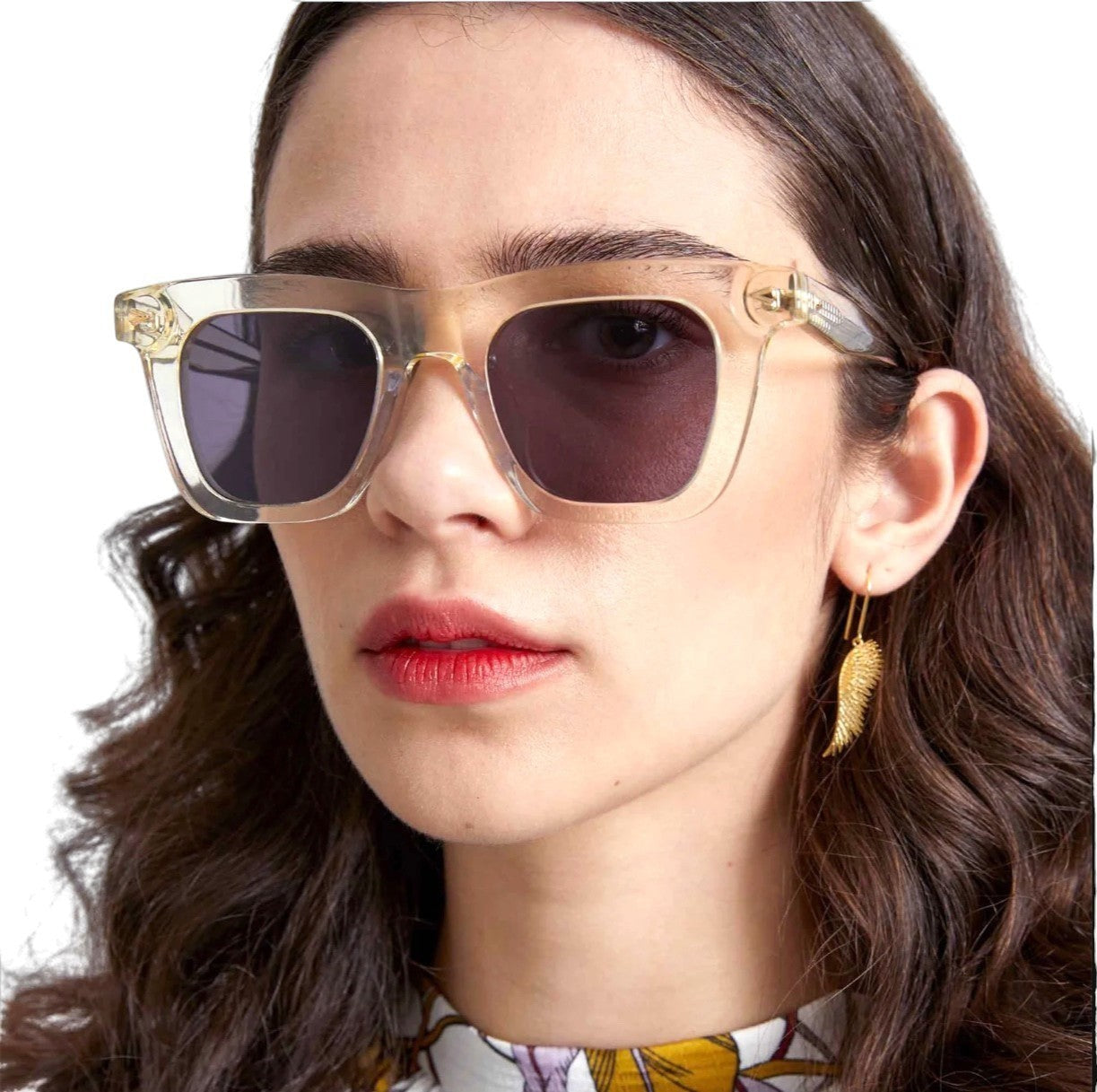 Naked Pear Karen Walker Triple Ripple square sunglasses with vintage clear acetate frames and grey mono lenses