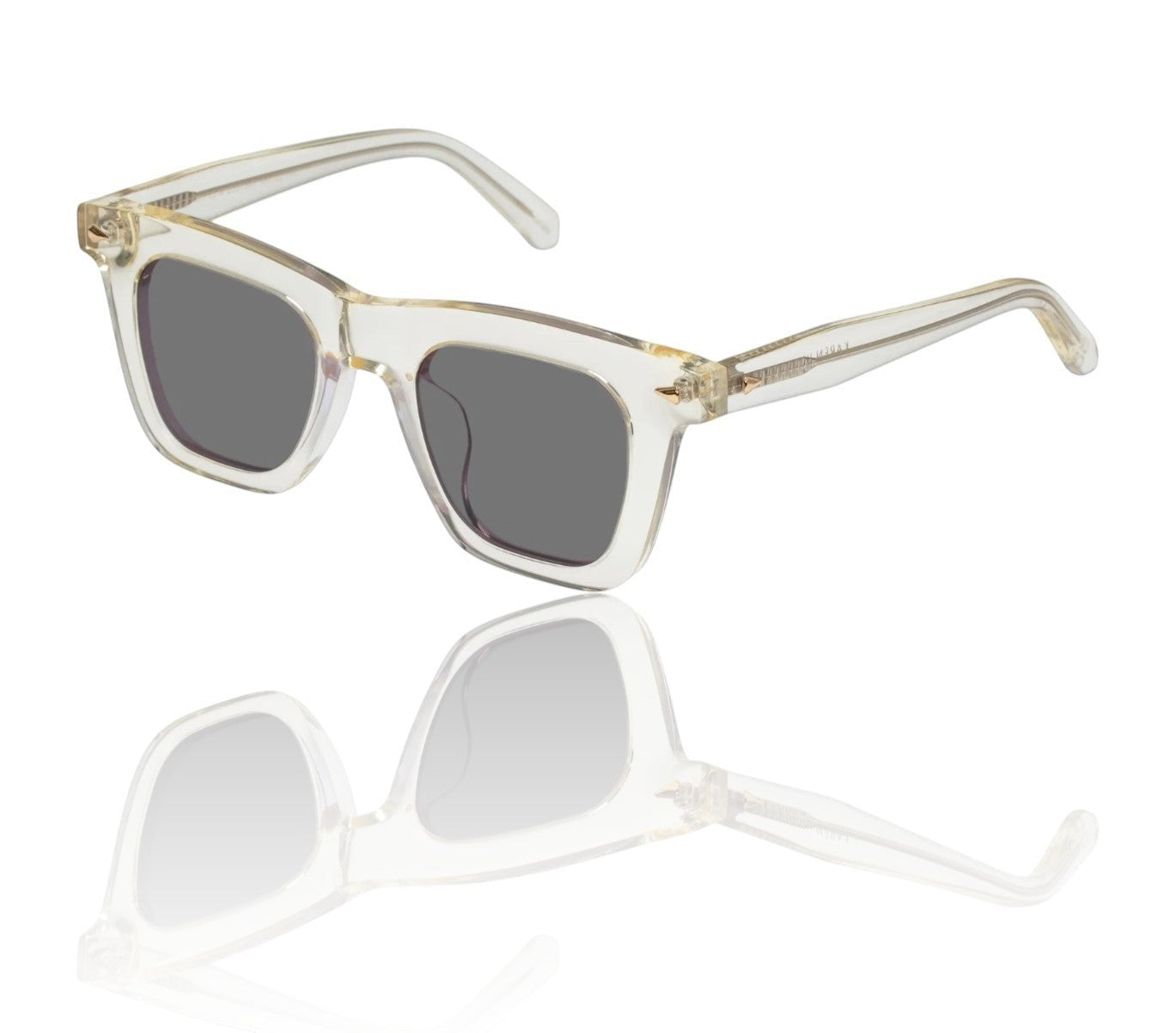 Naked Pear Karen Walker Triple Ripple square sunglasses with vintage clear acetate frames and grey mono lenses.