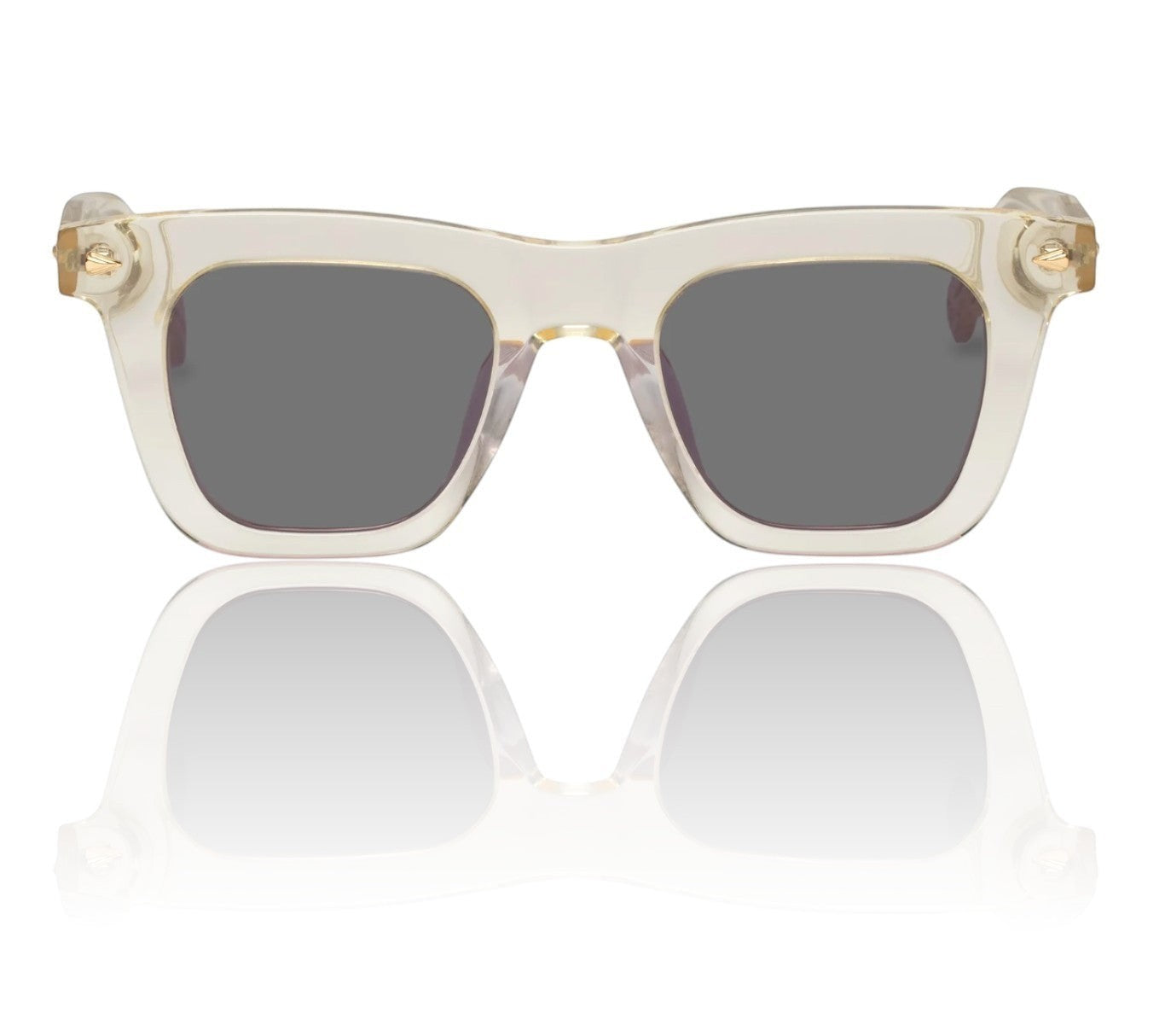 Naked Pear Karen Walker Triple Ripple square sunglasses with vintage clear acetate frames and grey mono lenses.