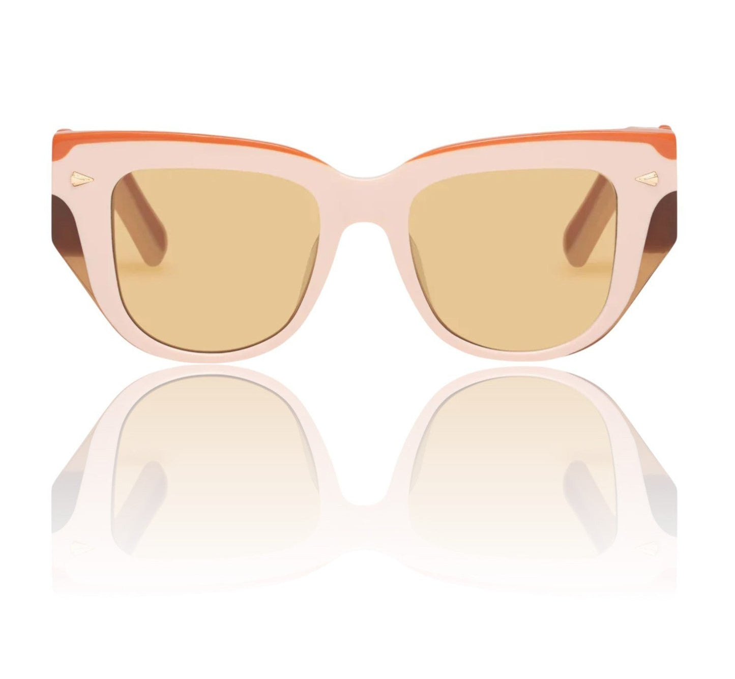 Naked Pear Karen Walker True North Wave cat eye sunglasses in orange, pink, and peach acetate with brown mono lenses.