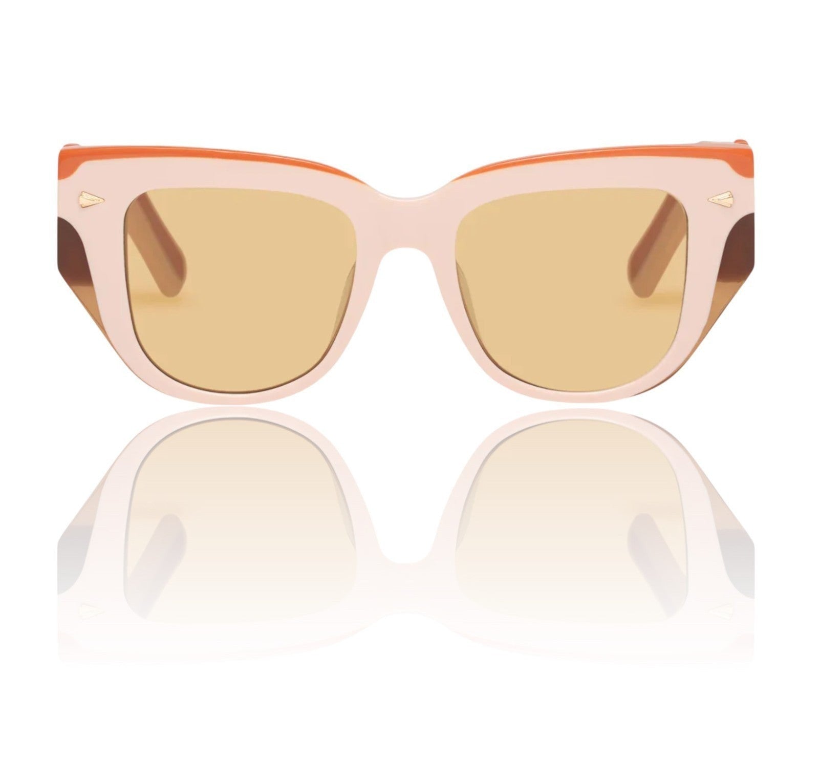 Naked Pear Karen Walker True North Wave cat eye sunglasses in orange, pink, and peach acetate with brown mono lenses.