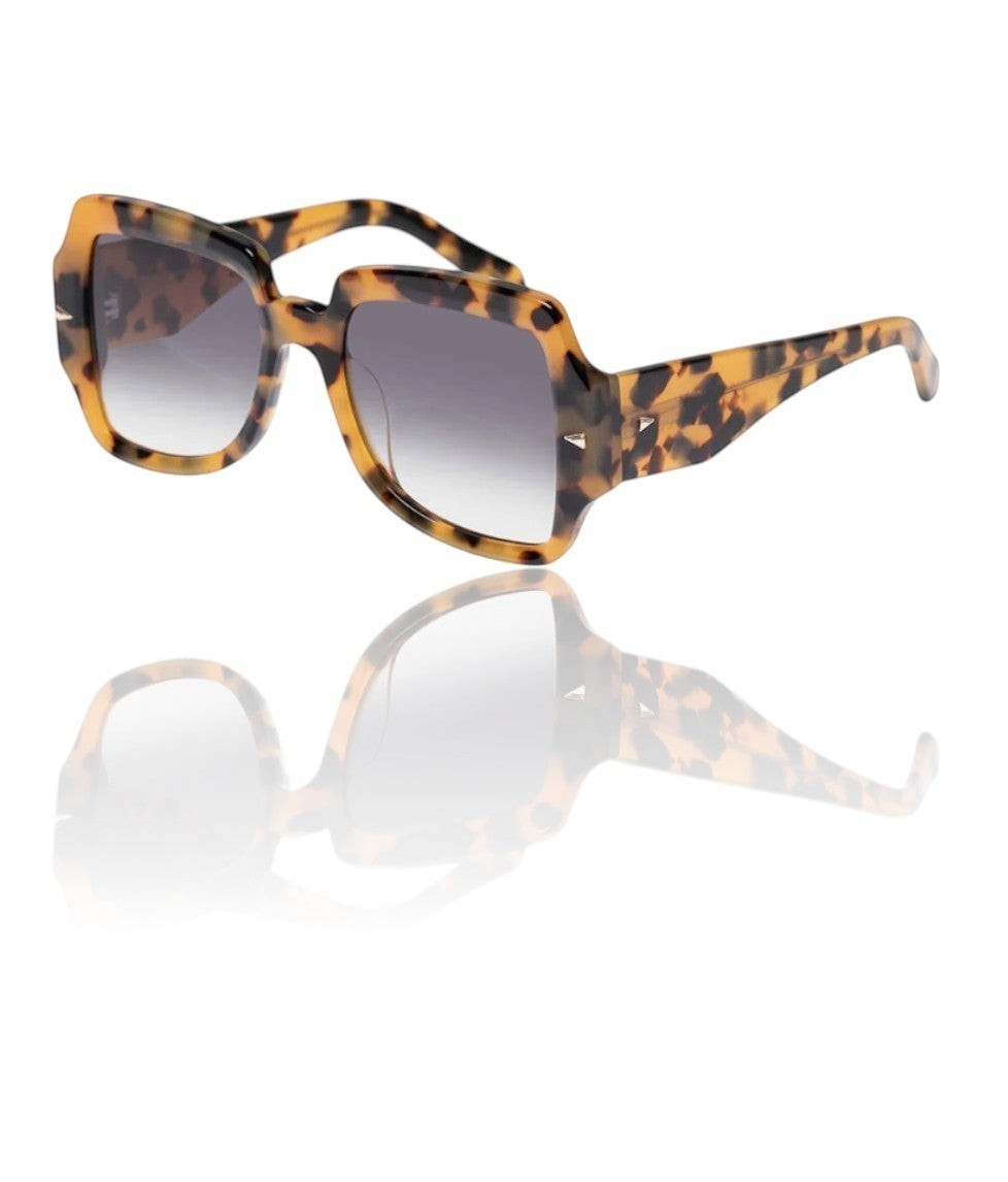 Naked Pear Karen Walker Ultra Vulture oversized square sunglasses in tortoise shell bio-acetate with arrowhead pins.