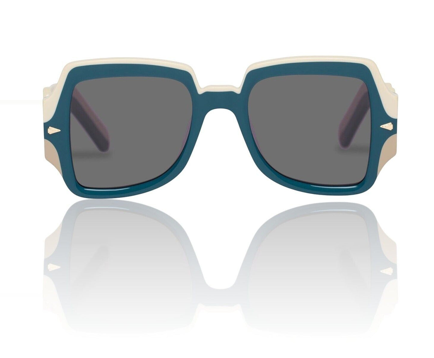 Naked Pear Karen Walker Wavy Ultra B sunglasses in ocean blue and white bio-acetate with grey mono lenses.