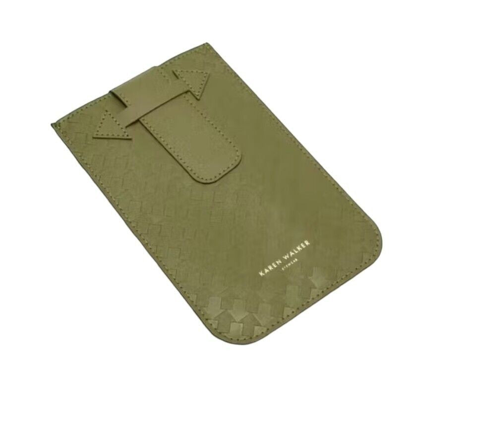 Naked Pear branded olive green soft pouch case for Karen Walker sunglasses with embossed arrow pattern