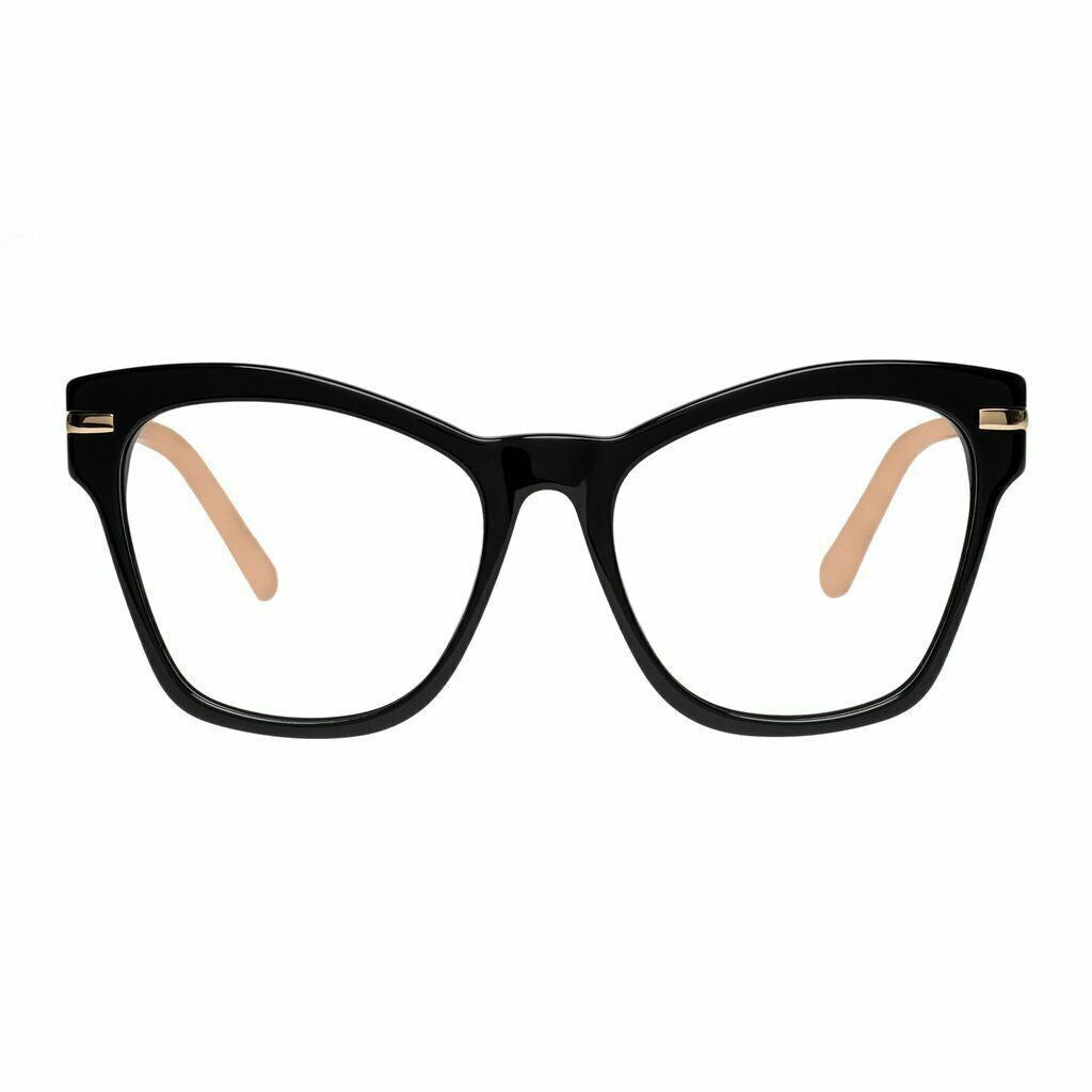 Naked Pear Karen Walker Wilma oversized black acetate cat eye glasses with gold arrow temple detailing