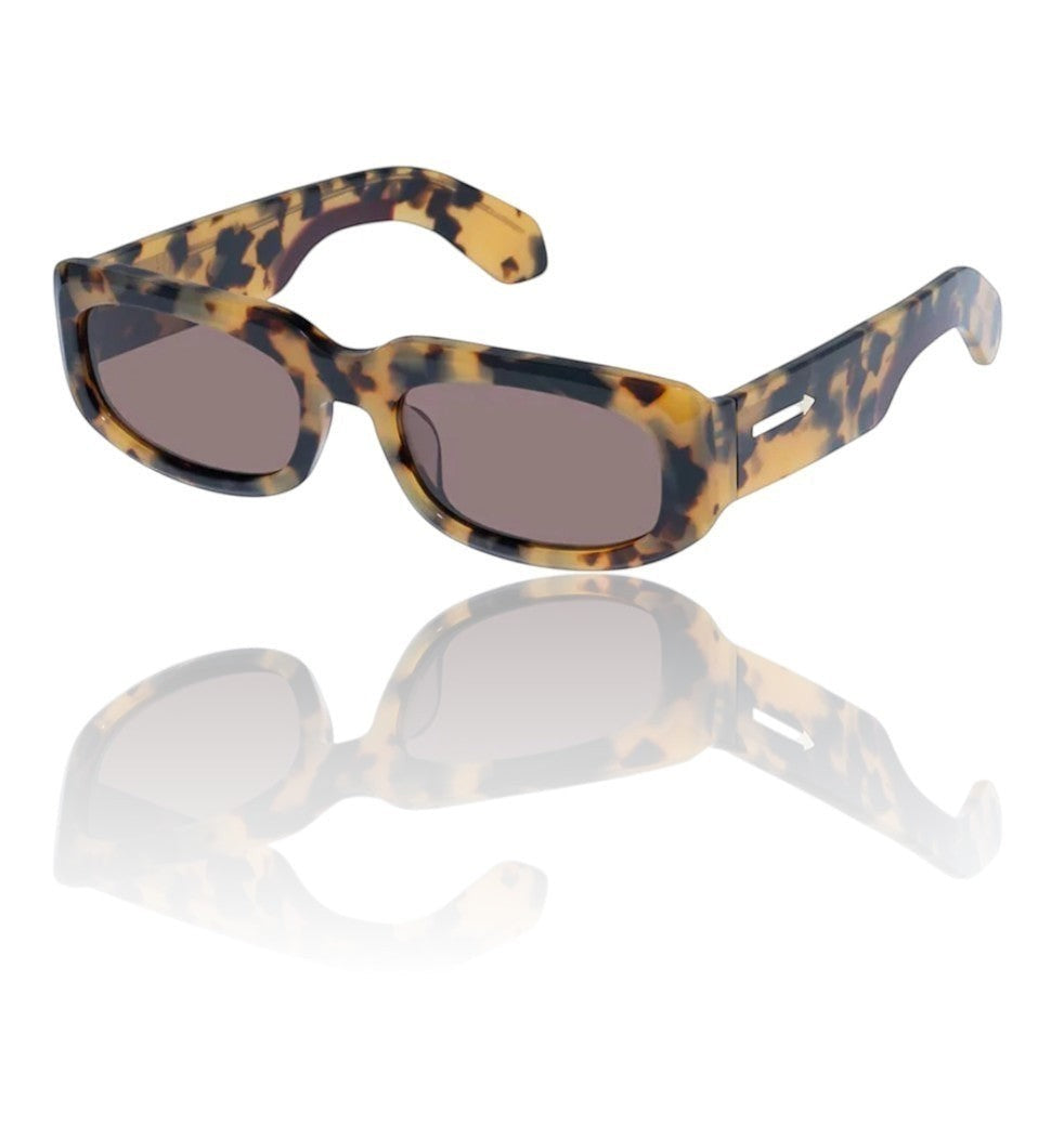 Naked Pear Karen Walker Zahra B rectangle sunglasses in crazy tortoise shell with brown lenses and gold arrow detail