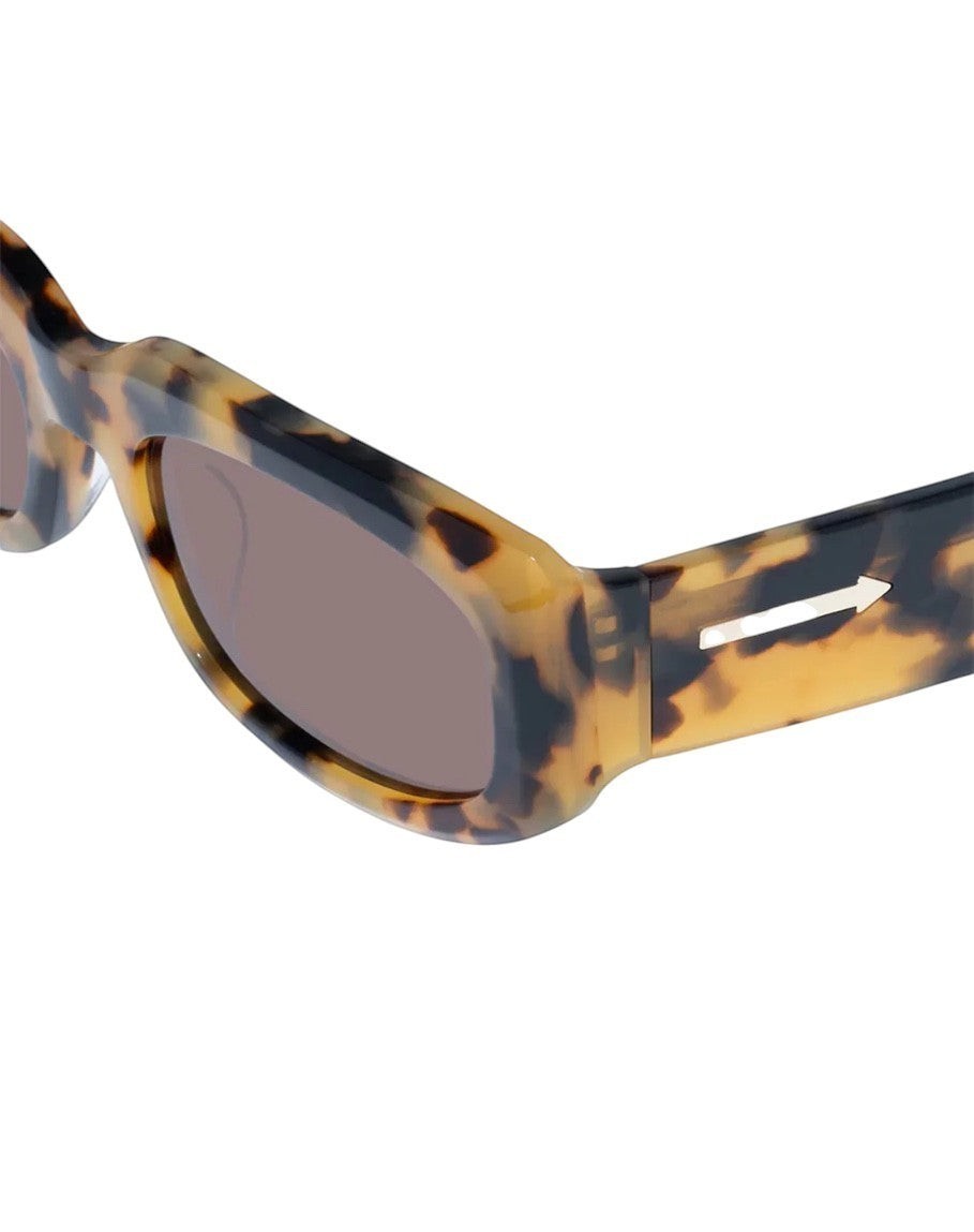 Naked Pear Karen Walker Zahra B rectangle sunglasses in crazy tortoise shell with brown lenses and gold arrow detail