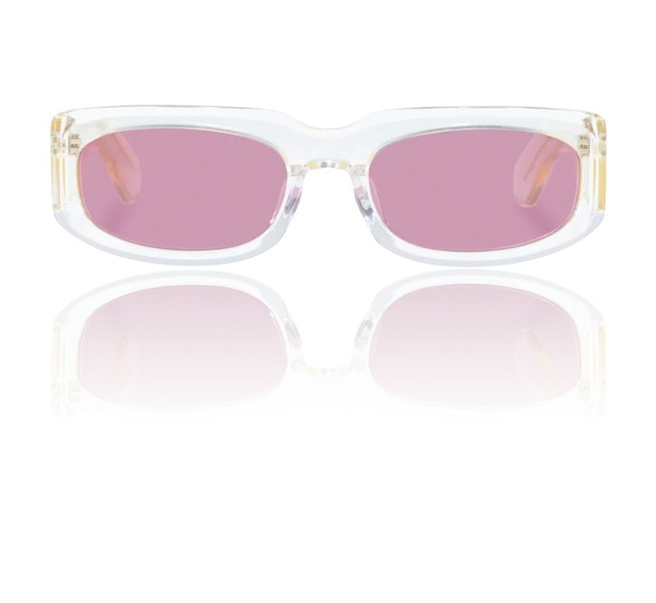 Naked Pear Karen Walker Zahra B rectangle sunglasses with vintage clear acetate frames and dusty pink lenses.
