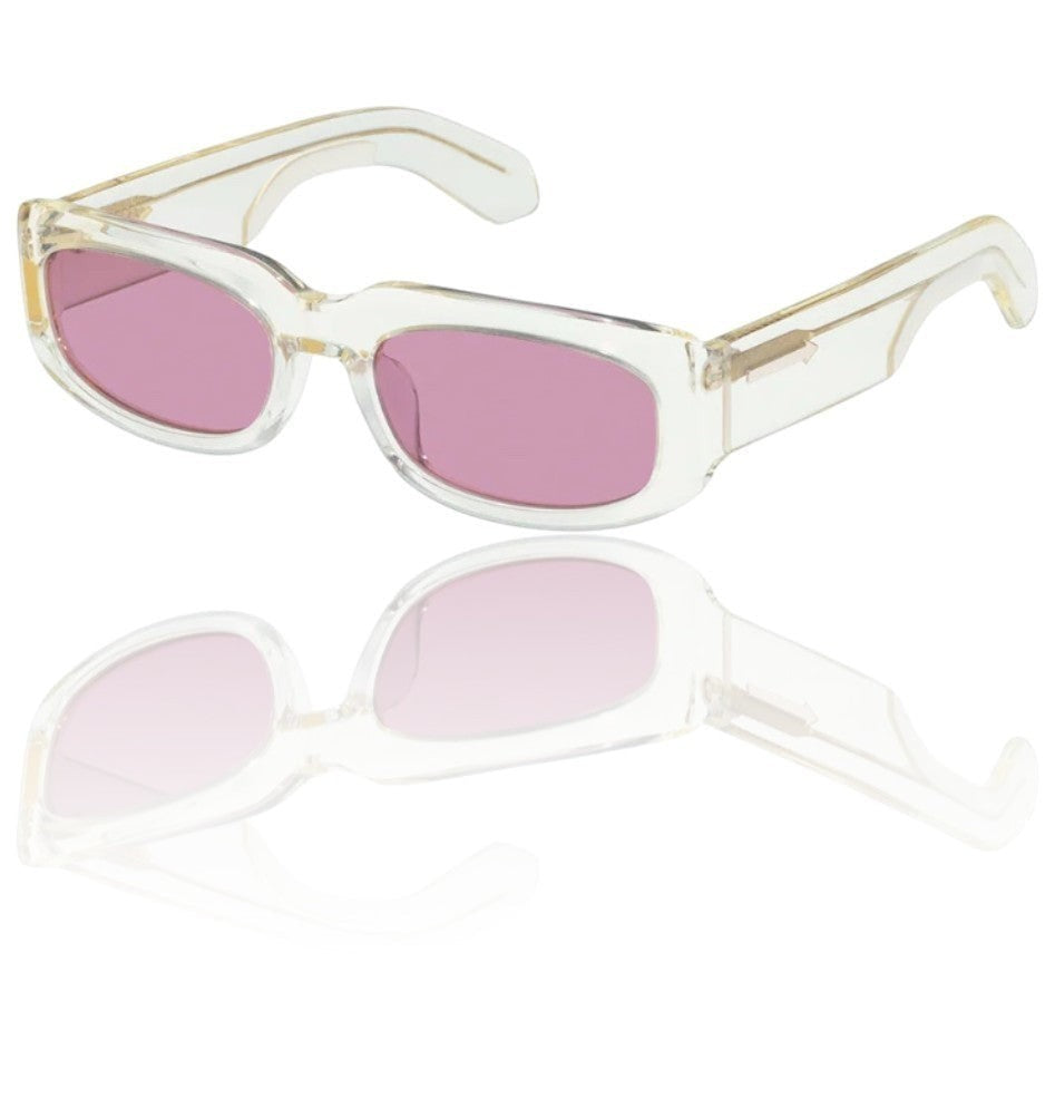 Naked Pear Karen Walker Zahra B rectangle sunglasses with vintage clear acetate frames and dusty pink lenses.