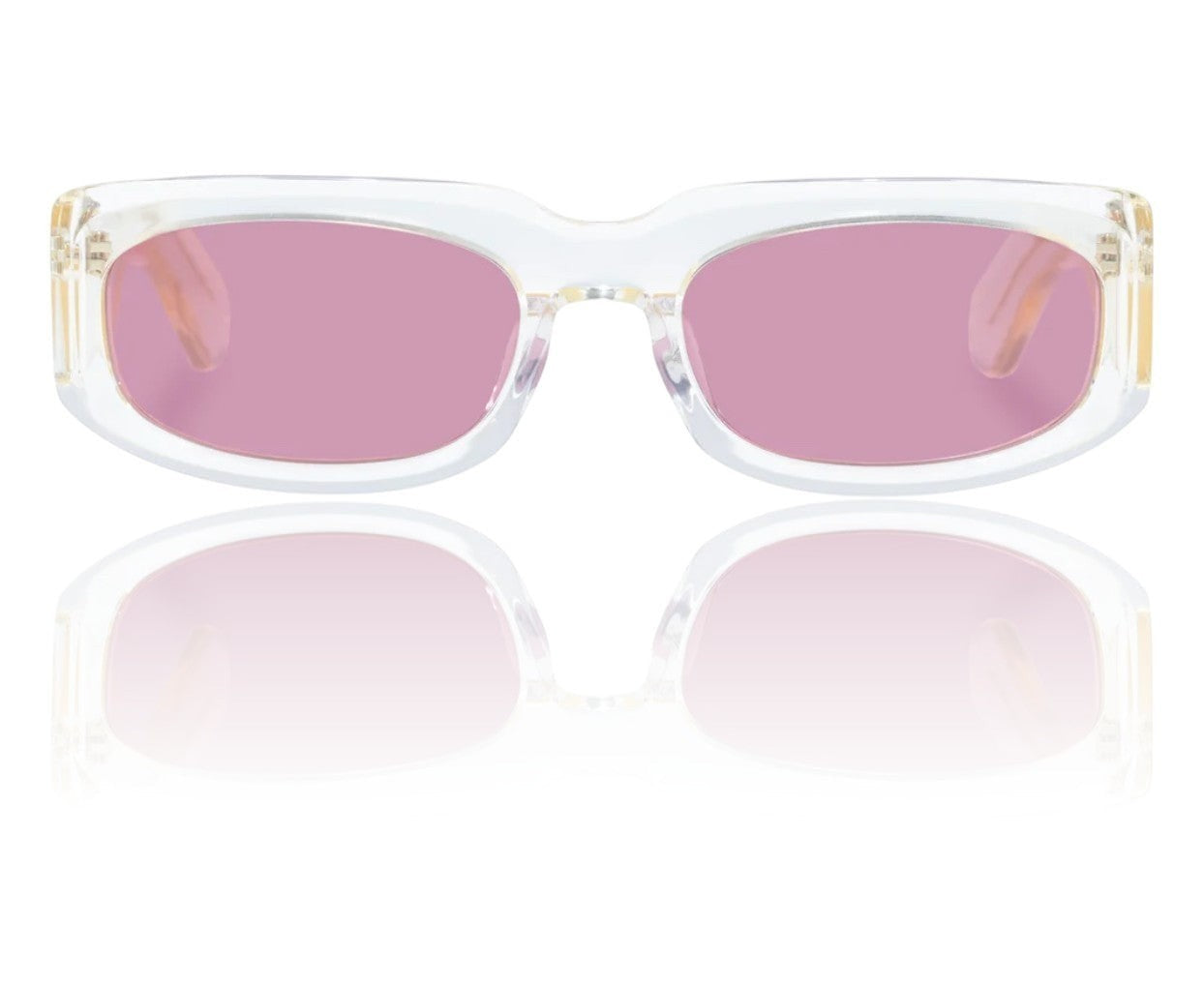 Naked Pear Karen Walker Zahra B rectangle sunglasses with vintage clear acetate frames and dusty pink lenses.