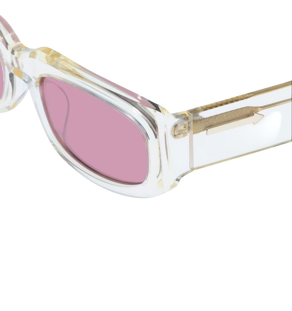 Naked Pear Karen Walker Zahra B rectangle sunglasses with vintage clear acetate frames and dusty pink lenses.