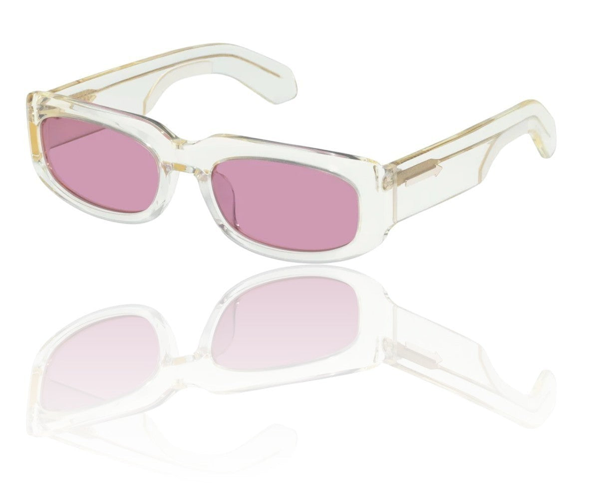 Naked Pear Karen Walker Zahra B rectangle sunglasses with vintage clear acetate frames and dusty pink lenses.