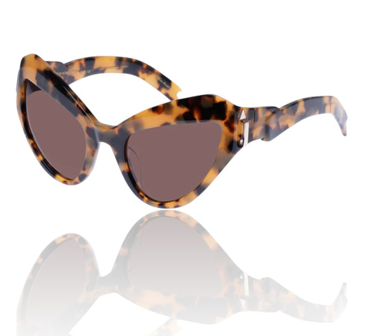 Tortoiseshell cat-eye sunglasses with brown lenses on a white background