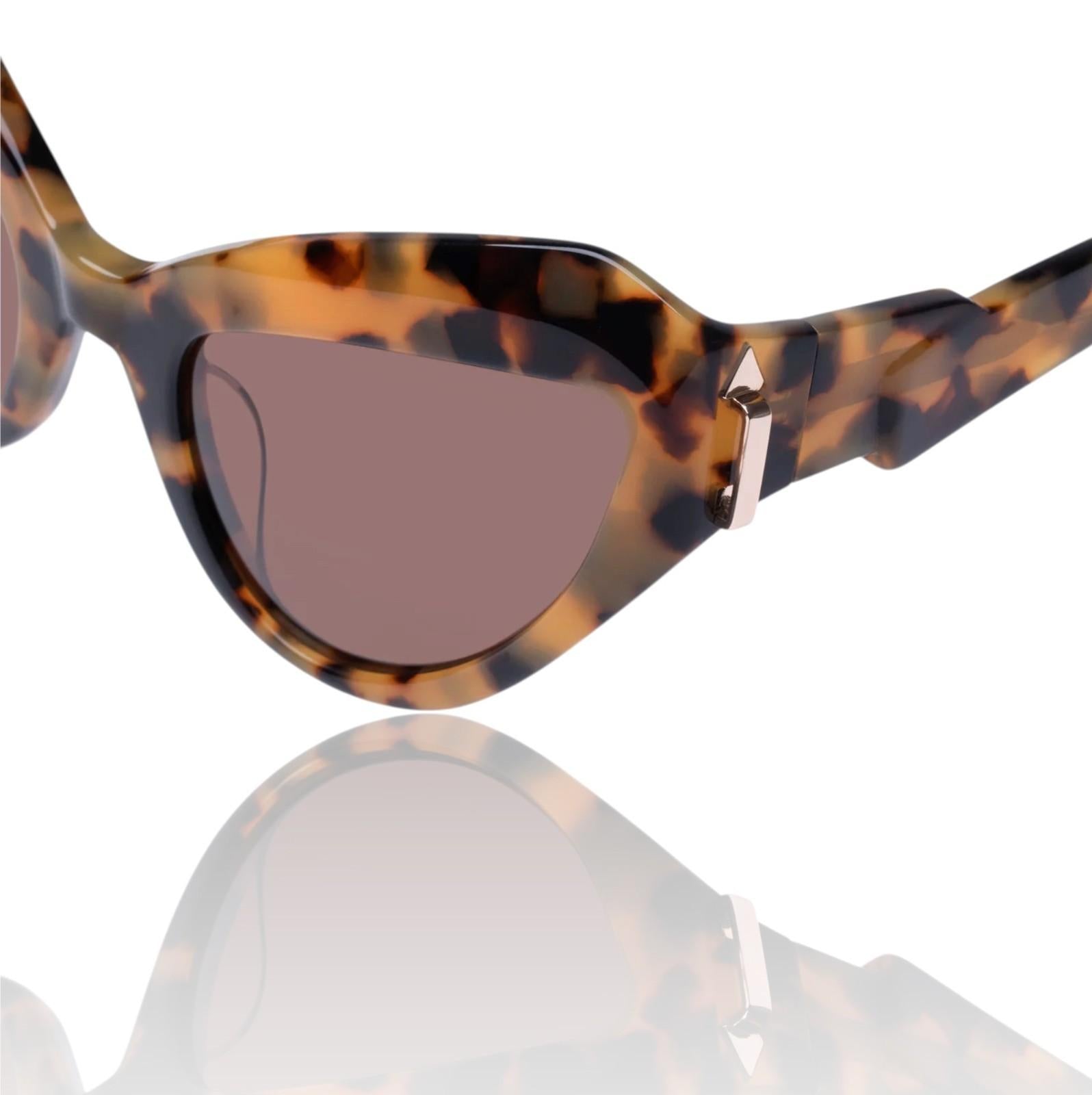 Sunglasses with tortoiseshell frame and brown lenses on a white background