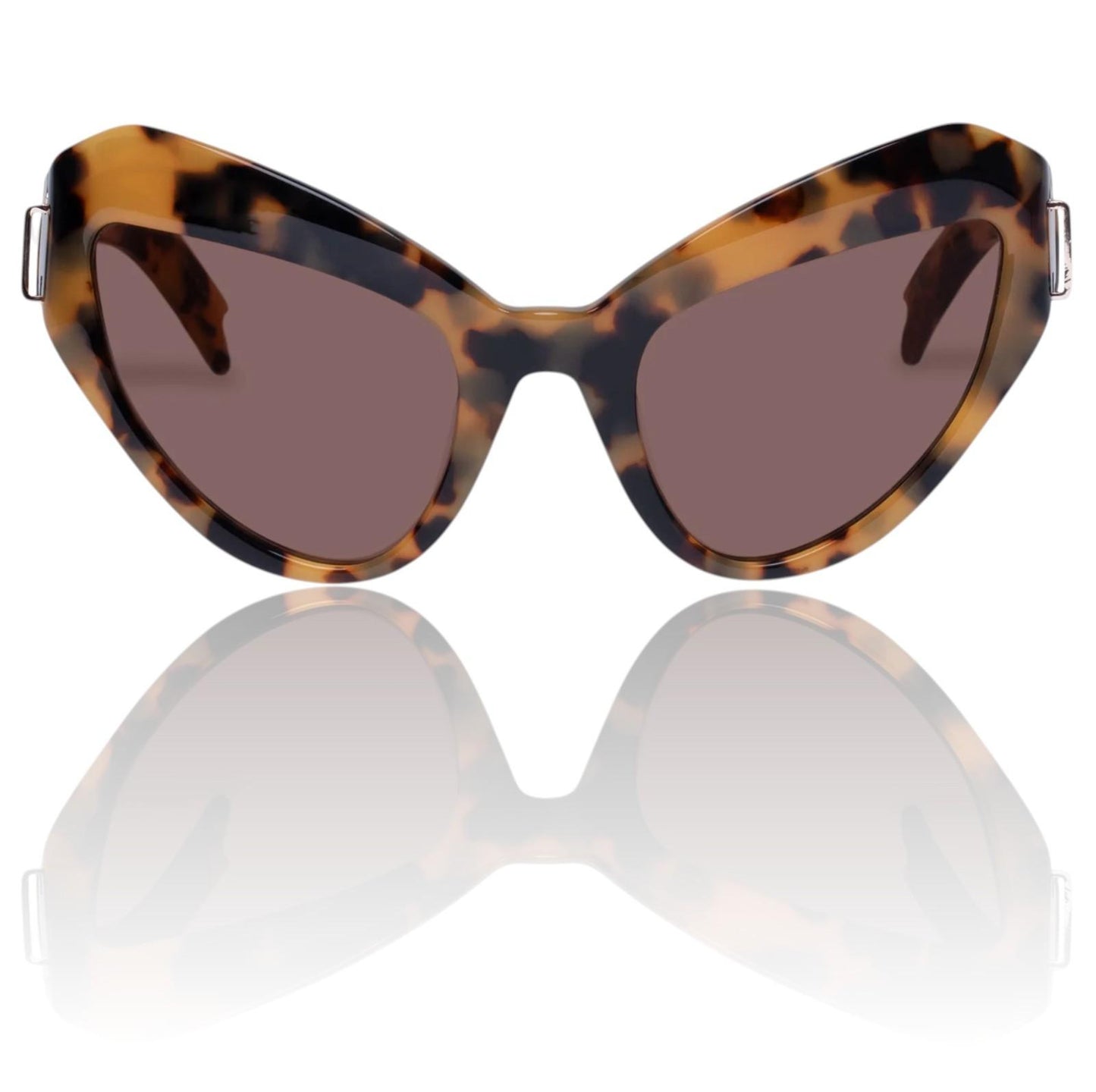 Tortoiseshell cat-eye sunglasses with a reflective white surface
