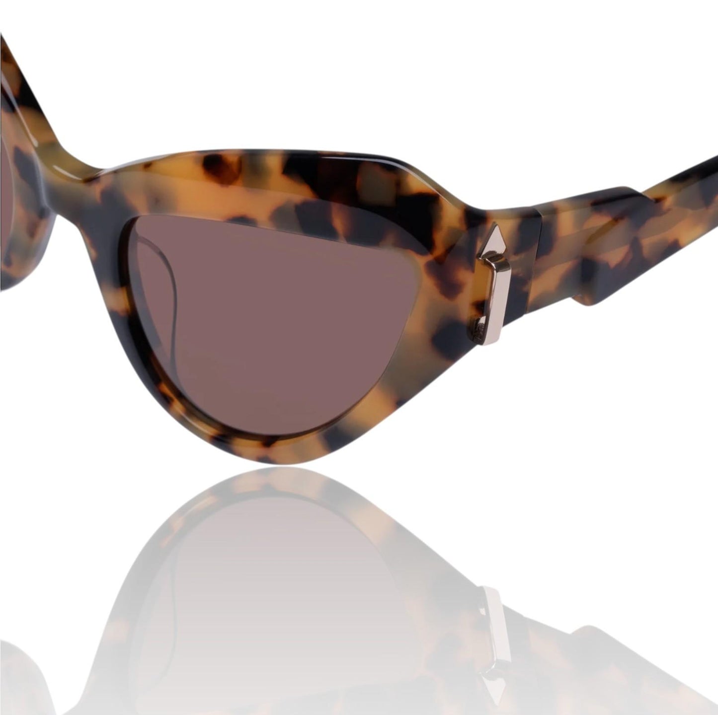 Sunglasses with tortoiseshell frame and brown lenses on a white background