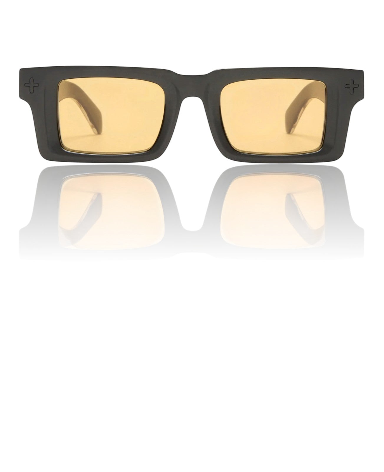 Naked Pear Ksubi Goodsen II unisex D-frame sunglasses in glossy black acetate with amber-tinted lenses.