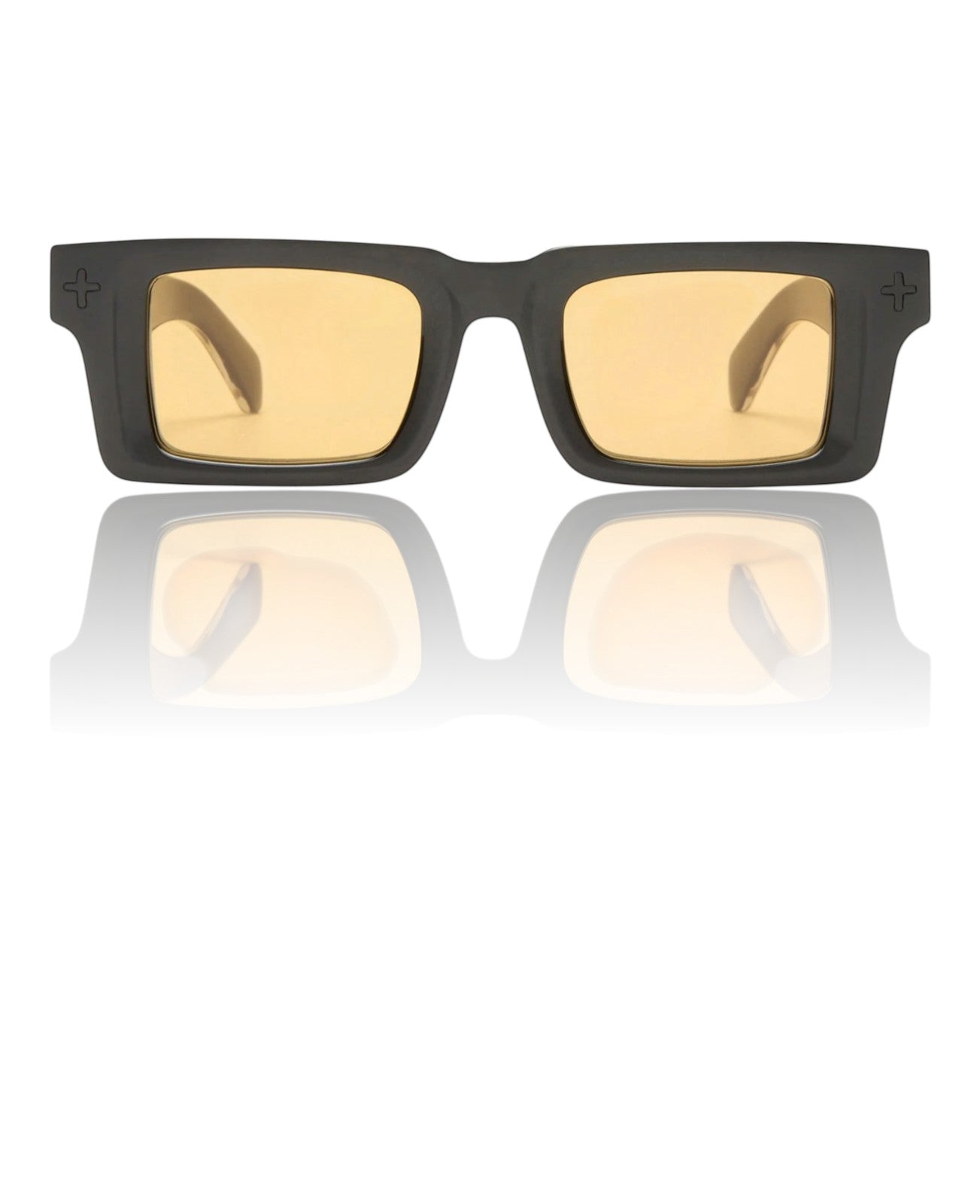 Naked Pear Ksubi Goodsen II unisex D-frame sunglasses in glossy black acetate with amber-tinted lenses and gold details.