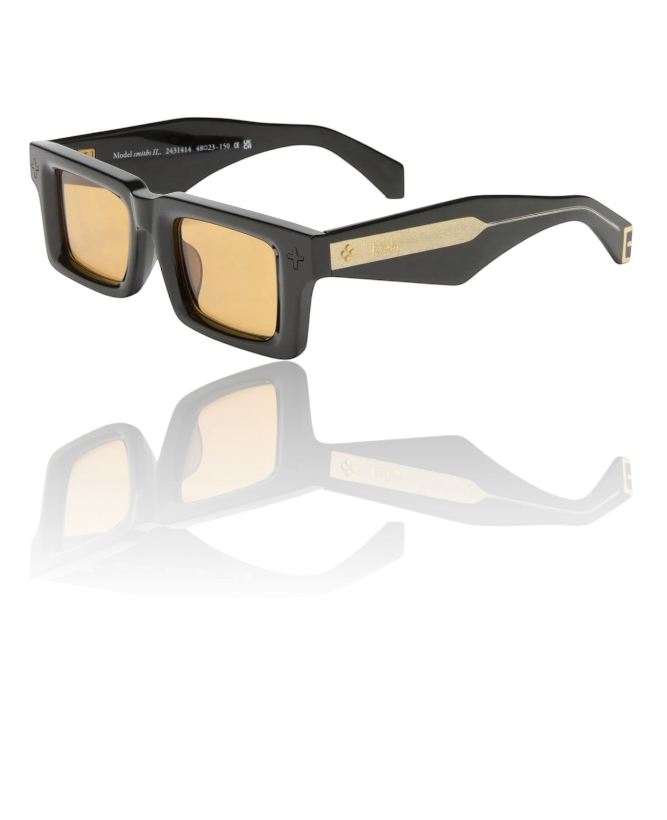 Naked Pear Ksubi Goodsen II unisex D-frame sunglasses in glossy black acetate with amber lenses and gold hardware.