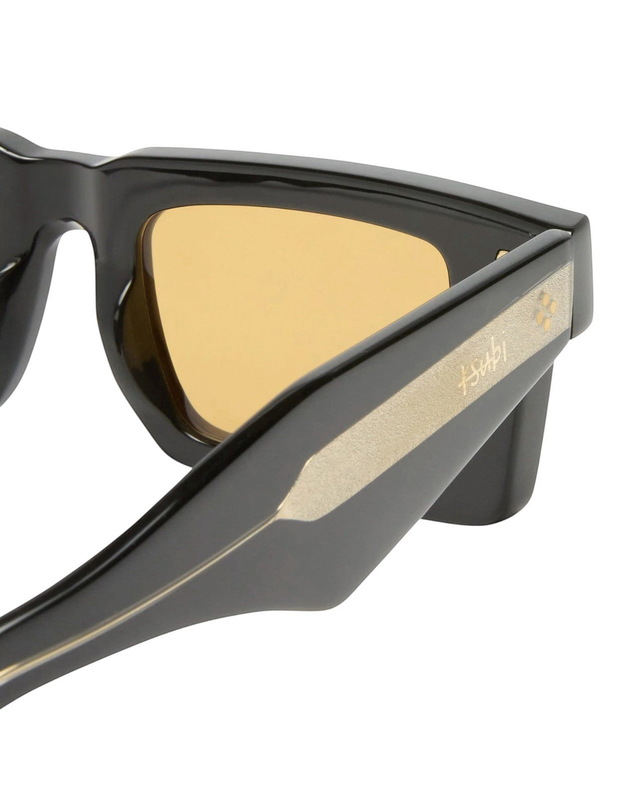 Naked Pear Ksubi Goodsen II sunglasses in black acetate with amber lenses and gold temple branding detail.