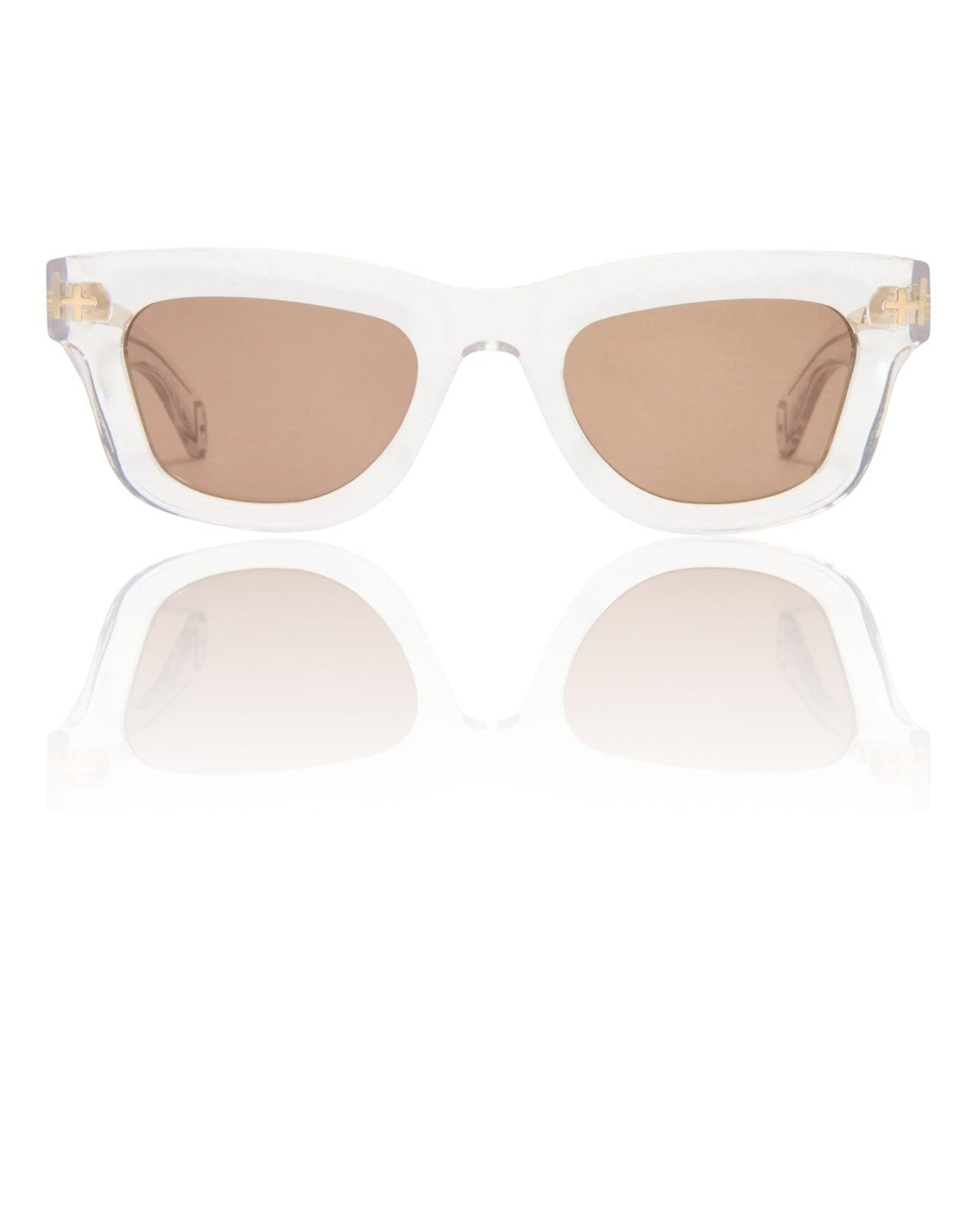 Naked Pear Ksubi Goodsen II unisex D-frame sunglasses with clear acetate frames, brown lenses, and 18k gold hardware.
