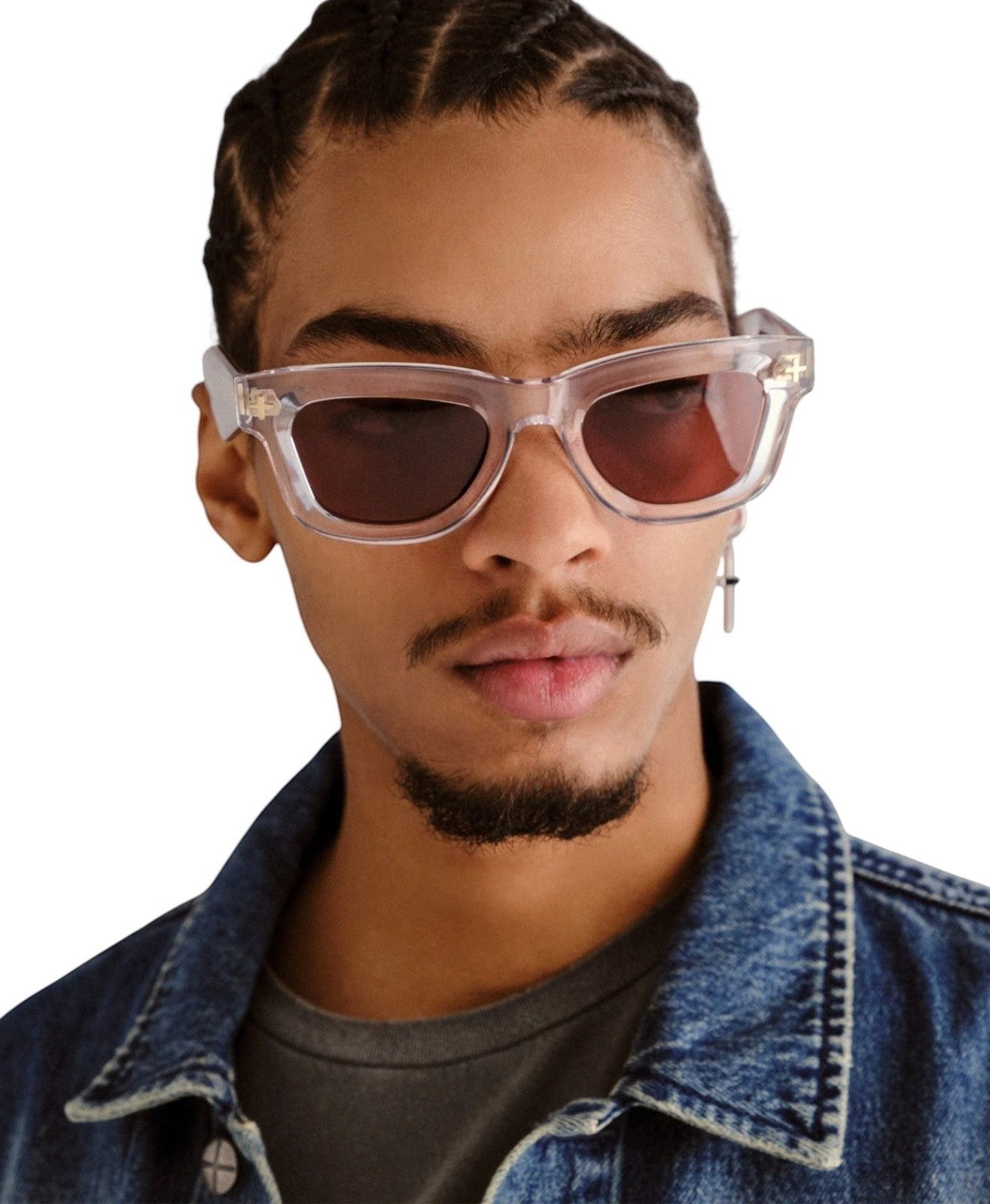 Naked Pear Ksubi Goodsen II unisex D-frame sunglasses with clear acetate frames and brown lenses on a male model