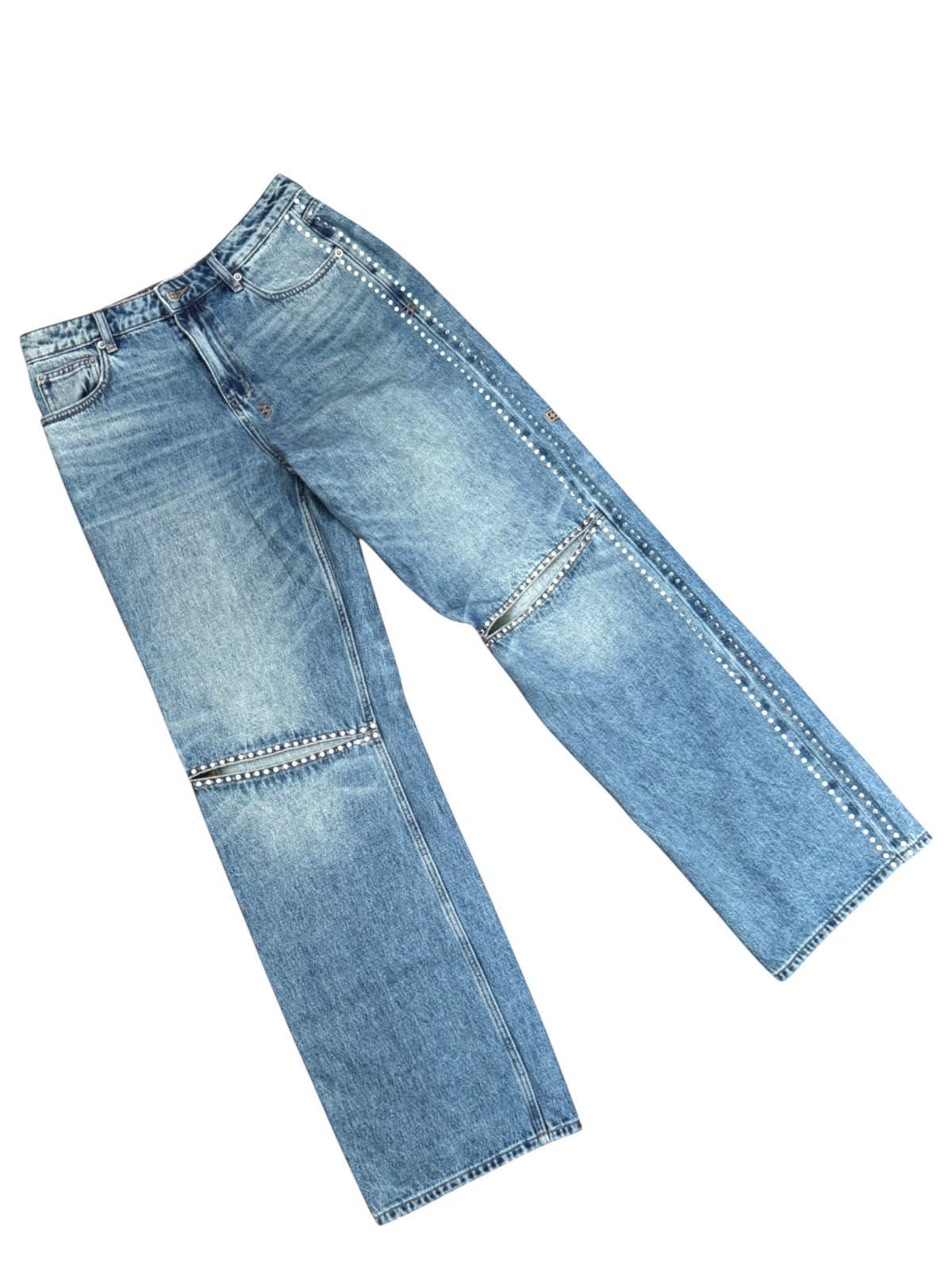 Naked Pear Ksubi Low Rider jeans in indigo denim with silver studding and engineered knee cutouts.