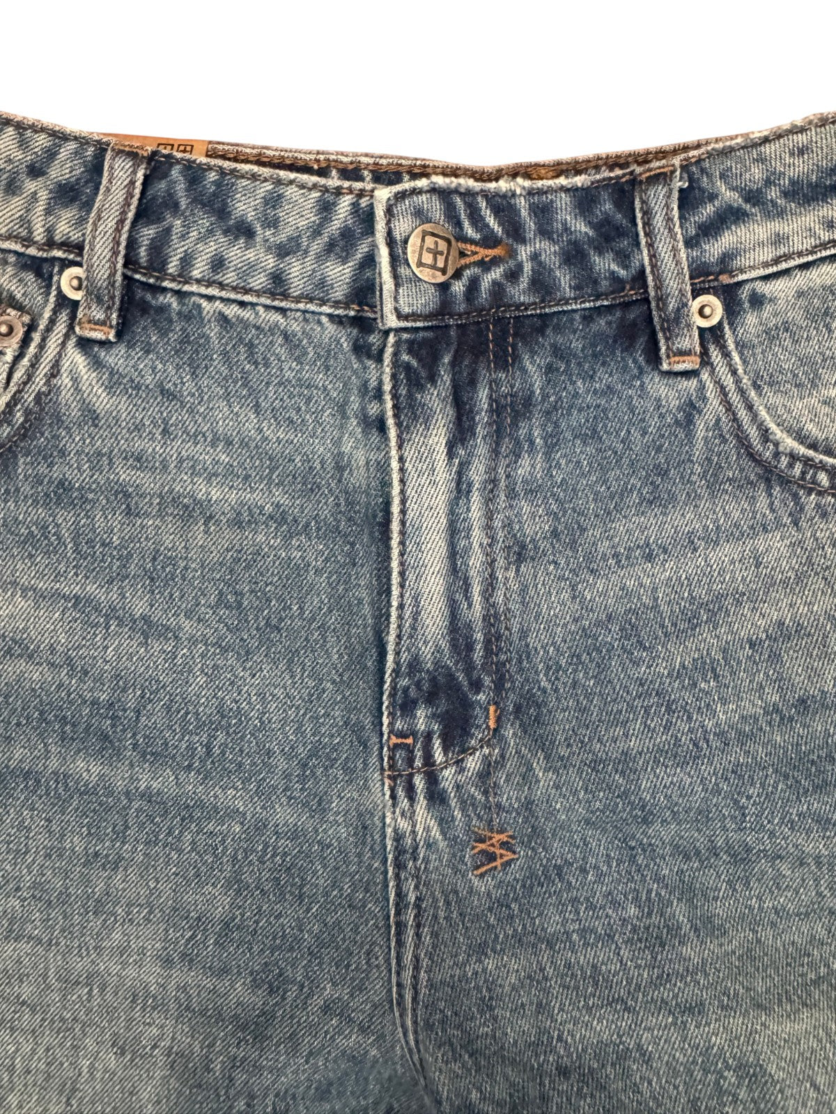 Naked Pear Ksubi Low Rider jeans in indigo denim with branded silver hardware and signature T-box embroidery detail