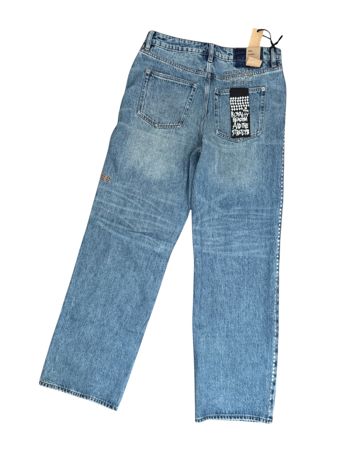 Naked Pear Ksubi Low Rider blue denim jeans with silver stud detailing and back pocket branding