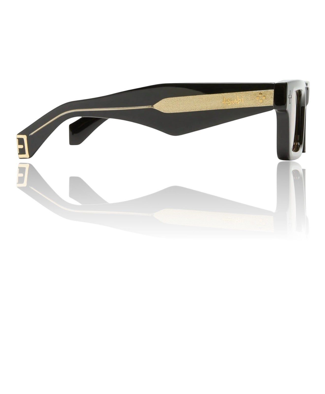 Naked Pear Ksubi Smiths II unisex rectangle sunglasses in black acetate with gold temple logo and amber lenses.
