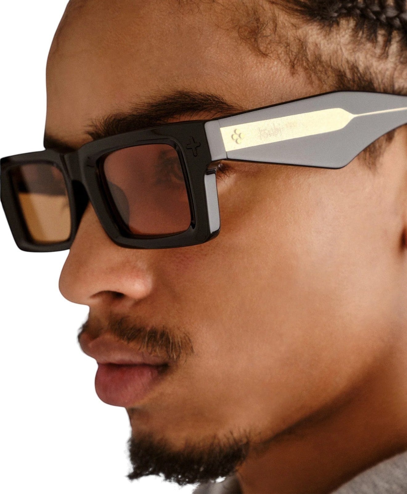 Naked Pear Ksubi Smiths II unisex rectangle sunglasses in black acetate with amber lenses and gold temple detail