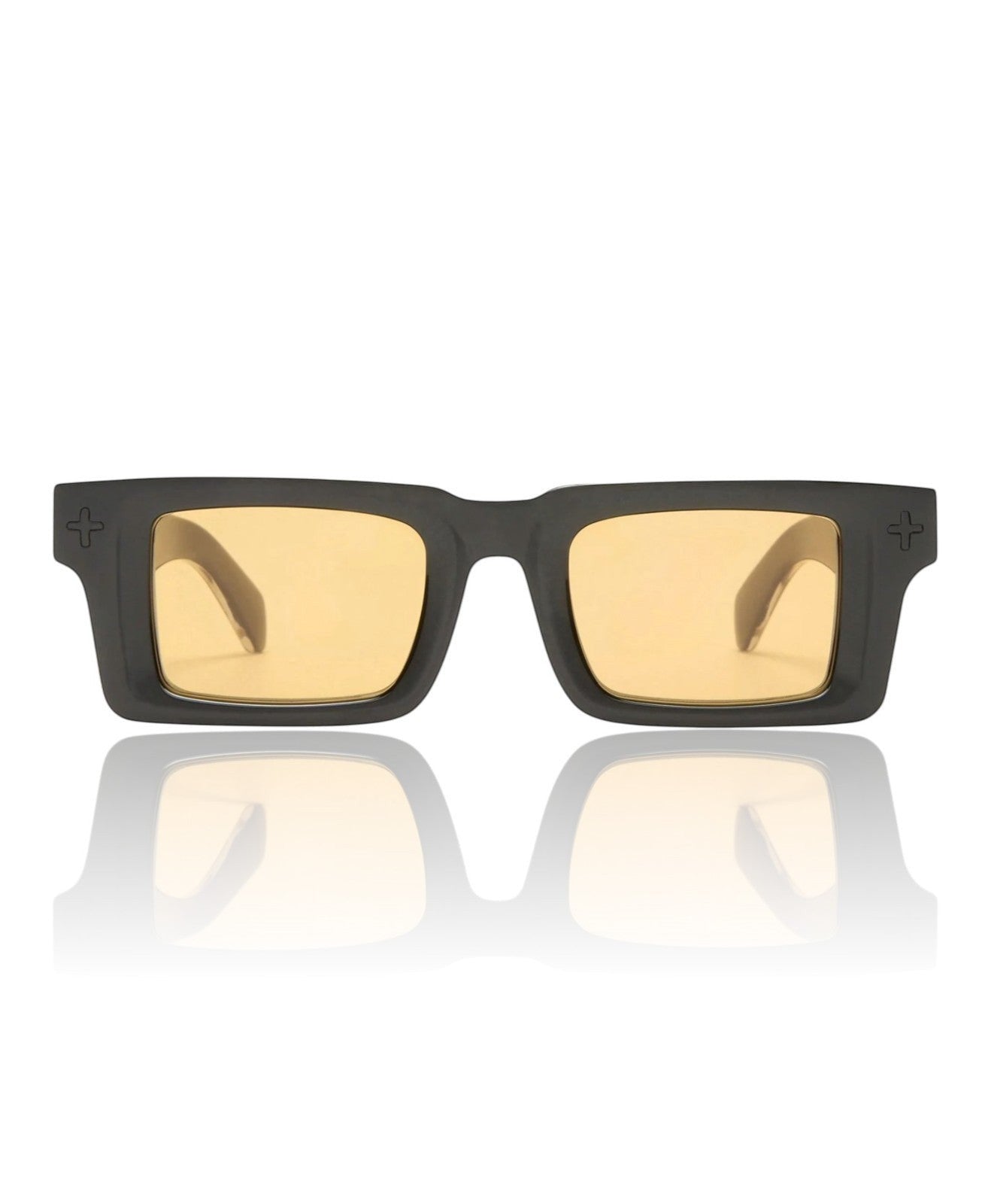 Naked Pear Ksubi Smiths II unisex rectangle sunglasses in black acetate with amber lenses and gold hardware details.