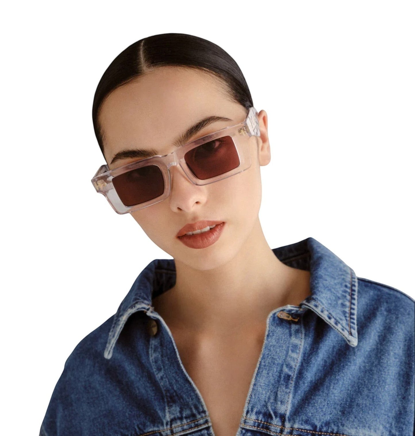 Naked Pear Ksubi Smiths II rectangle sunglasses with krystal acetate frames and brown lenses worn by a model