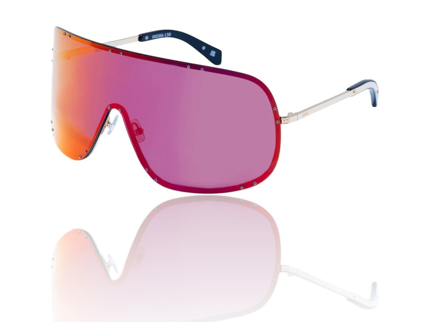 Naked Pear Ksubi Tyrell shield sunglasses featuring a gold metal frame and oversized pink and red mirror lenses.