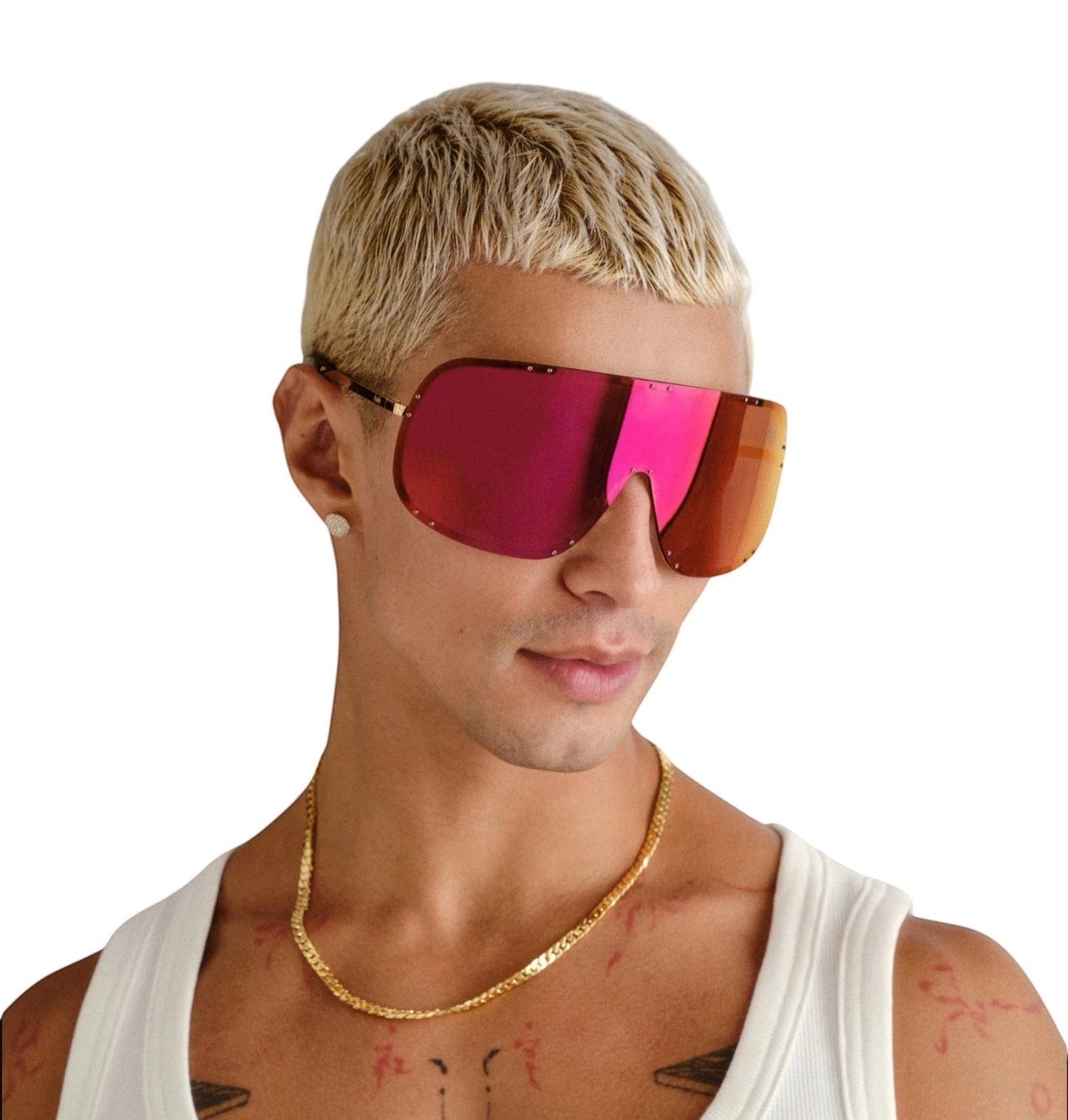 Naked Pear Ksubi Tyrell shield sunglasses with gold frame and pink red mirror lenses worn by a man