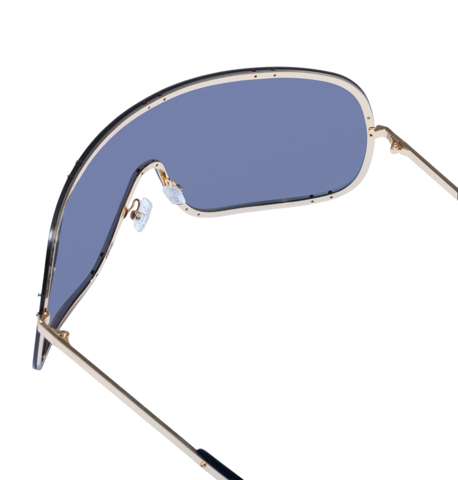 Naked Pear Ksubi Tyrell shield sunglasses with gold metal frame and wrap-around lens design