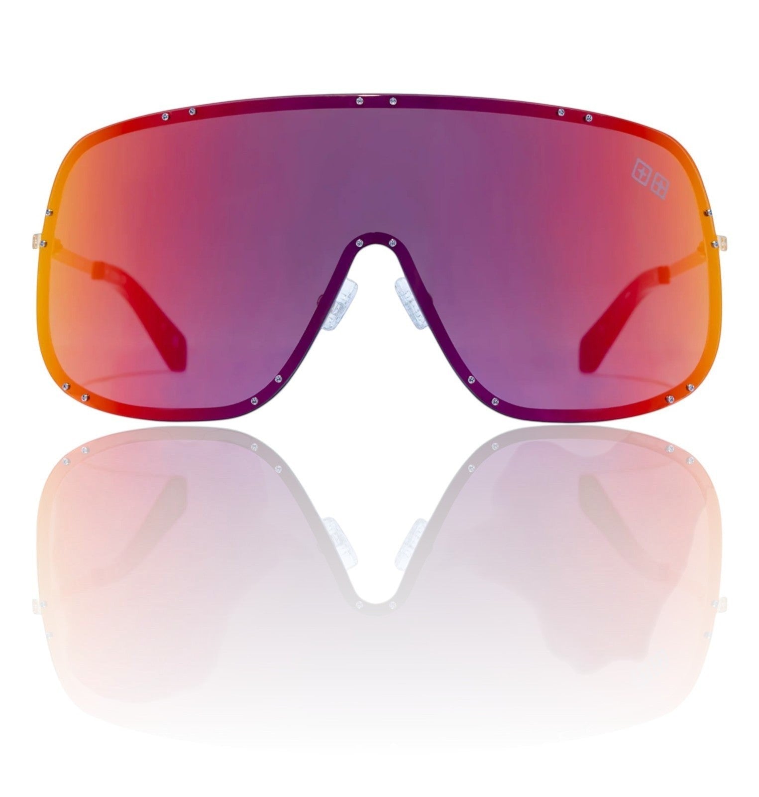 Naked Pear Ksubi Tyrell shield sunglasses featuring gold metal frames and oversized pink and red mirror lenses.