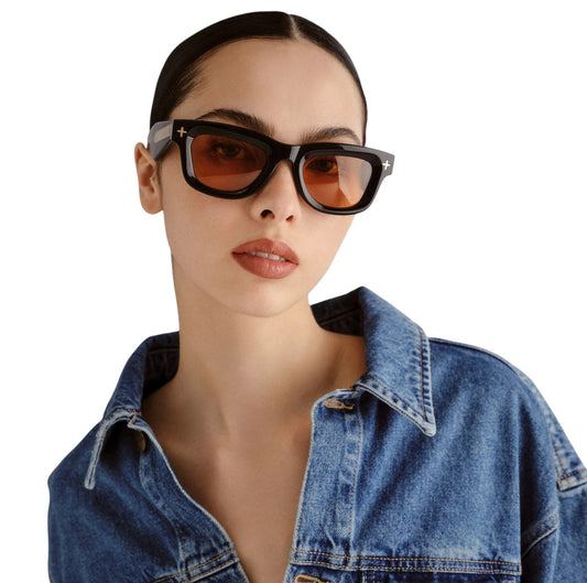 Ksubi Goodsen II Sunglasses | Black/Gold Acetate | Amber Tint, D-Frame, Unisex